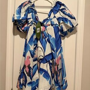 FARM Rio Blue and Pink Mini Dress puff sleeves a line sz M